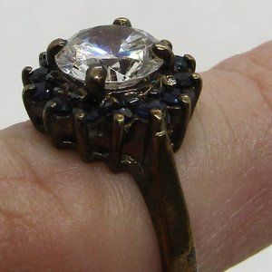 Victorian White Quartz Blue Sapphire Cluster 925 Sterling Silver Ring Size 6.5
